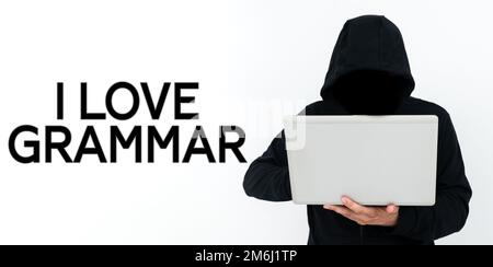 Textunterschrift mit „I Love Grammar“. Begriffliche Bedeutung des Bewunderungssystems und der Sprachstruktur Stockfoto