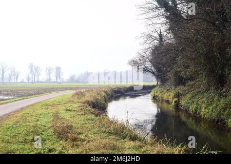 Asphaltpfad, der an einem bewölkten Tag in der italienischen Landschaft von einem bebauten Feld und einem Wald neben einem Wasserstrom umgeben ist Stockfoto