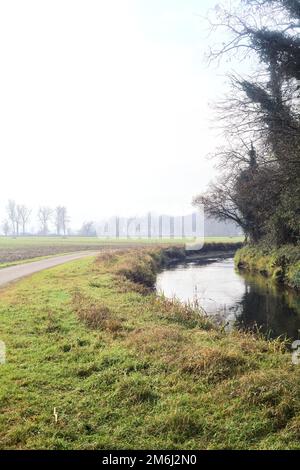 Asphaltpfad, der an einem bewölkten Tag in der italienischen Landschaft von einem bebauten Feld und einem Wald neben einem Wasserstrom umgeben ist Stockfoto