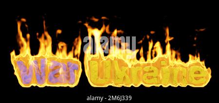 Der Inschriften-Krieg in der Ukraine brennt. Schwarzer Hintergrund. 3D-Rendering Stockfoto