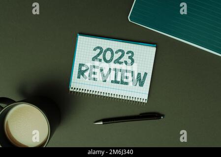 Textunterschrift mit Darstellung des 2023 Review. Überblick über wichtige Ereignisse oder Aktionen, die im Vorjahr durchgeführt wurden Stockfoto