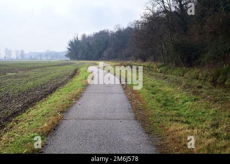 Asphaltpfad, der an einem bewölkten Tag in der italienischen Landschaft von einem bebauten Feld und einem Wald neben einem Wasserstrom umgeben ist Stockfoto