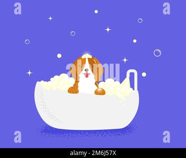 Schönes Banner mit Hund im Bad auf blauem Hintergrund für Lifestyle-Design. Vektorhintergrund. Haushund. Hund, Hündchen, Hündchen, Haustier. Vektordarstellung Stock Vektor