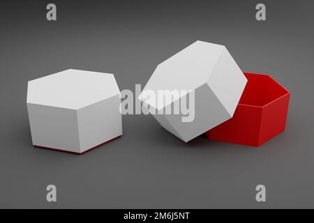 Leere weiße Schmuckdose aus rotem Hexagon oder Uhrenbox für Mockup - 3D Illustration Stockfoto