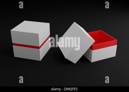 Leere weiße weiße rote Schmuckschatulle oder Uhrenschatulle für Mockup - 3D Illustration Stockfoto