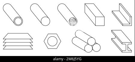 Symbolsatz für Metallprodukte. Herstellung von Metallrohstoffen, Teilen, linearer Symbolsammlung. Vektordarstellung Stock Vektor