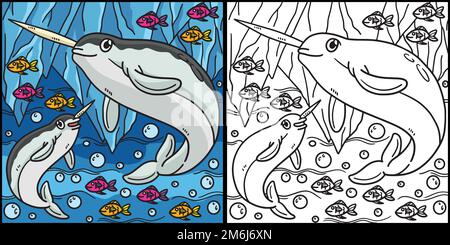 Narwhal Coloring Page Colored Illustration Stock Vektor