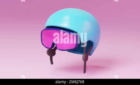 Stilisierter blauer Skihelm und pinkfarbene Schutzbrille. 3D-Grafik. Winterferien. Stockfoto