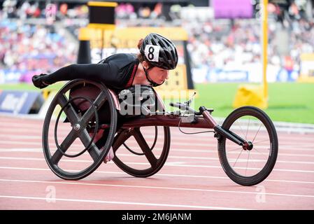 Ilana Dupont vor dem Sprint-Rollstuhlrennen der Klassifikation T53 von 100m bei den World para Athletics Championships 2017 in London, Großbritannien. Kanadischer Sportler Stockfoto