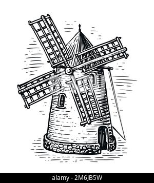 Alte Windmühle im Skizzenstil. Farmmühle, Landwirtschaftskonzept. Eingravierte Vintage-Vektordarstellung Stock Vektor