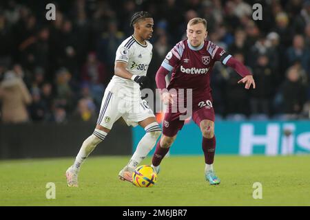 Leeds, Großbritannien. 04. Januar 2023. Crysencio Summerville aus Leeds zum Angriff *** während des Premier League-Spiels zwischen Leeds United und West Ham United in Elland Road, Leeds, England am 4. Januar 2023. Foto von Simon Hall. Nur redaktionelle Verwendung, Lizenz für kommerzielle Verwendung erforderlich. Keine Verwendung bei Wetten, Spielen oder Veröffentlichungen von Clubs/Ligen/Spielern. Kredit: UK Sports Pics Ltd/Alamy Live News Stockfoto