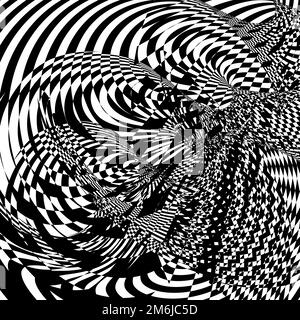 Abstrakte Operationstechnik mit karierten Verzerrungen. Schwarz-Weiß-Kontrastmuster. Ungewöhnliche psychedelische Illustration Stock Vektor