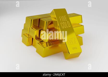 Gestapelte Goldbarren aus Metall isoliert auf Weiß - 3D Abbildung Stockfoto