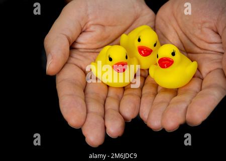 Drei gelbe aufblasbare Enten auf dem Kopf Stockfoto