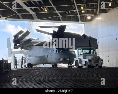 APRA HARBOUR, GUAM (28. April 2022) – vertraglich vereinbarte Seemänner an Bord von Cape Horn laden 1. Marine Aircraft Wing MV-22 Ospreys von Marine Medium Tiltrotor Squadron 363 (VMM-363) von der Marine Corps Base Hawaii auf das Military Sealift Command Schiff am 28. April in Apra Harbour, Guam. 1. MAW nahm kürzlich an der Balikatan 22 Teil. Der Luftflügel trainiert kontinuierlich mit gemeinsamen Kräften, Partnern und Verbündeten in herausfordernden und realistischen Umgebungen und Szenarien. „Obwohl wir die Ausstattung für dieses Flugzeug haben, konnten wir erstmals die V-22s auf Kap Horn laden“, sagte Capt. Benjamin Day Stockfoto