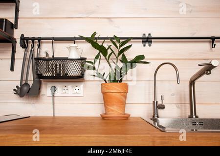 Küchenutensilien aus Messing, Küchenzubehör. Hängeküche mit weißen Fliesen an der Wand und Holztisch. Grüne Pflanze auf Küchenrückseite Stockfoto