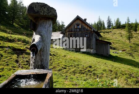 alpenkabine und Wassertrog am Fuße des Dachsteins im Alpendorf Neustatt Alm in den österreichischen Alpen in Steiermark Stockfoto