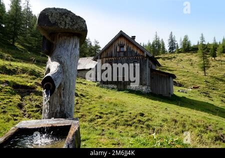 alpenkabine und Wassertrog am Fuße des Dachsteins im Alpendorf Neustatt Alm in den österreichischen Alpen in Steiermark Stockfoto