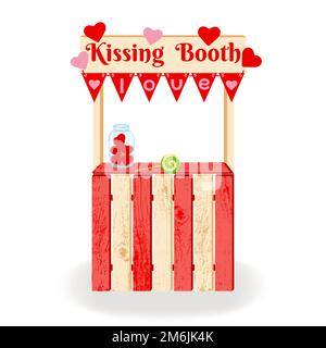 Küsschen. Hölzerne Kussbude mit Liebessymbolen und einer Girlande mit Flaggen. Zum Valentinstag, zur Hochzeit oder zum Geburtstag. Vektor Stock Vektor