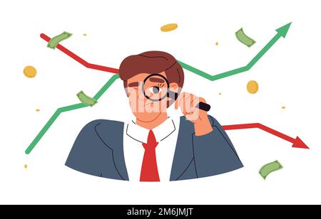 Mann zeigt Finanzdiagramm. Konjunkturabschwung, Inflation, Unternehmensgelder sinken. Abbildung eines flachen Vektors Stock Vektor