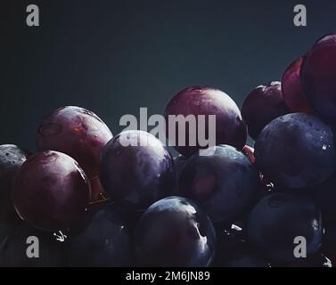 Reife, saftige dunkle Trauben auf Holzschreibtisch, Essen und Wein, Bio-Früchte Stockfoto