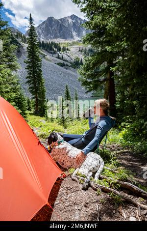 Eine Frau, die an sonnigen Tagen mit dem Hund draußen im Zelt sitzt und etwas trinkt Stockfoto