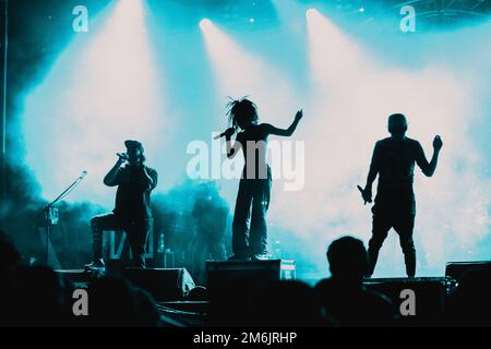 Zuschauer beim Konzert und Silhouetten in Bühnenlichtern Stockfoto