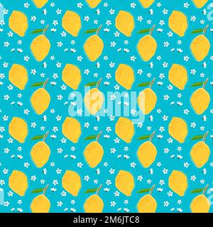 Muster mit gelben Zitronen und weißen Blumen. Vektor. Stock Vektor