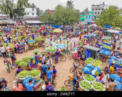 Rajshahi, Rajshahi, Bangladesch. 4. Januar 2023. Die Bauern radeln, um Mangos auf den Markt zu bringen. Nach dem Pflücken der Früchte Mangoanbauer bringen sie zum Markt, indem sie zwei Körbe auf beiden Seiten ihrer Fahrräder aufhängen. Das Tragen der Ladung mit dem Fahrrad ist eine harte Arbeit, da jeder Korb im Kansat, dem größten Mangogroßmarkt in Rajshahi Division in Bangladesch, über den täglich Mangomärkte stattfinden, ca. 40kg kg Mango enthält Im Sommer. (Bild: © Mustasinur Rahman Alvi/ZUMA Press Wire) Stockfoto