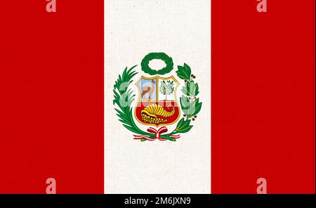 Flagge Perus. Peruanische Flagge auf der Gewebeoberfläche. Stoffstruktur Stockfoto
