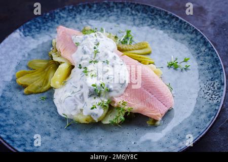 Traditionelle geräucherte Regenbogenforelle im modernen Stil mit gekochtem Kartoffelsalat und Mayonnaise, serviert als Nahaufnahme auf einer Designerplatte Stockfoto