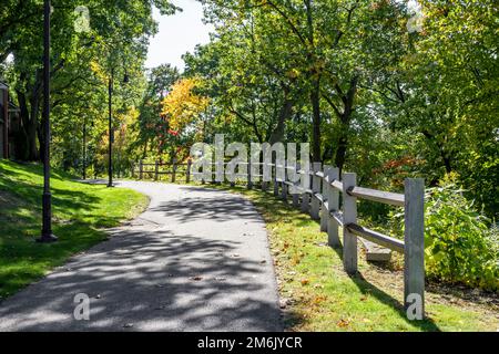 Eine überwältigende Landschaft mit einem Fußweg durch einen Laubwald mit fallendem Laub lädt Reisende und Touristen ein, die die Schönheit des Herbstes zu genießen Stockfoto