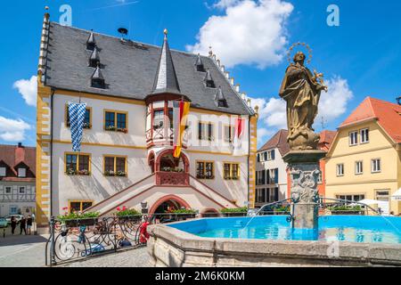 Die historische Altstadt von Volkach am Main in Niederfrankien Stockfoto