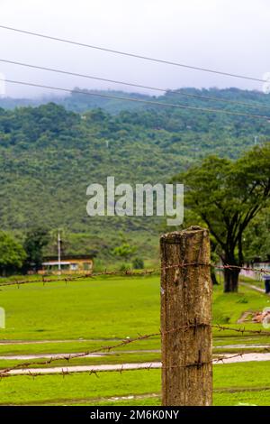 Natürliche Landschaft mit Feld und Bergen Niladri Lake Sunamganj Sylhet Bangladesch Stockfoto