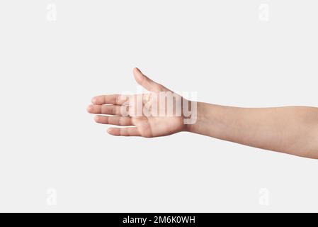 Begrüßung Handschlag erreicht weibliche Hand Geste auf weiß. Stockfoto