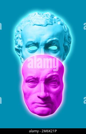 Collage mit antiker Skulptur des menschlichen Gesichts im Pop-Art-Stil. Modernes kreatives Konzeptbild mit altem Statuenkopf. Zine Cult Stockfoto
