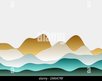 Abstrakter Berghintergrund. Gekrümmte Schichten in braunen, blauen und grünen Farben. Hügel im PaperCut-Stil. Elegante Vektorillustration. Stock Vektor