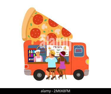 Ein Street Food Truck mit einem Verkäufer, der Pizza an Kunden verkauft. Essen zum Mitnehmen im Freien und Konzept für kleine Unternehmen. Vektor. Stock Vektor