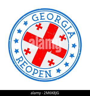 Georgien Wiedereröffnungsstempel. Rundes Abzeichen des Landes mit der Flagge von Georgien. Wird nach dem Sperrzeichen wieder geöffnet. Vektorabbildung. Stock Vektor