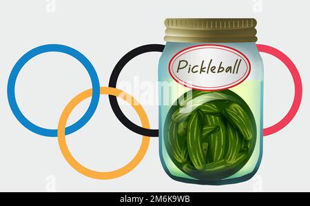 Die Pickleballs sind in Farben und Positionen zu sehen, die dem Logo der Olympischen Spiele in dieser 3-D-Abbildung ähneln. Olympischer Gurkenball ist eine Möglichkeit für 2028 A Stockfoto