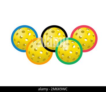 Die Pickleballs sind in Farben und Positionen zu sehen, die dem Logo der Olympischen Spiele in dieser 3-D-Abbildung ähneln. Olympischer Gurkenball ist eine Möglichkeit für 2028 A Stockfoto