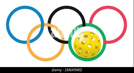 Die Pickleballs sind in Farben und Positionen zu sehen, die dem Logo der Olympischen Spiele in dieser 3-D-Abbildung ähneln. Olympischer Gurkenball ist eine Möglichkeit für 2028 A Stockfoto