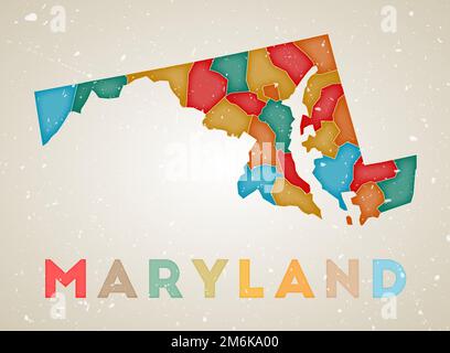 Maryland Karte. Poster mit farbigen Regionen in den USA. Alte Grunge-Textur. Vektorillustration von Maryland mit US-Bundesstaat. Stock Vektor