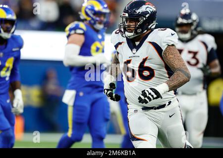 INGLEWOOD, CA - DEZEMBER 25: Denver Broncos Guard Dalton Risner (66) während der Denver Broncos vs Los Angeles Rams im Sofi Stadium am Sonntag Dezember Stockfoto