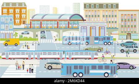 Straßenverkehr mit Bus- und Hochzugabbildung Stockfoto