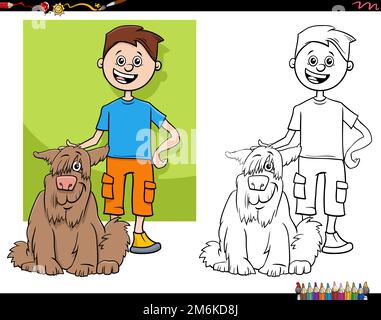 Cartoon Teenager-Junge und seine Hundemalseite Stockfoto