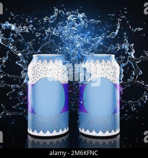 Zwei blaue, mit Wasser bespritzte Blechdosen. Erfrischendes Getränk. Werbemodell. 3D-Rendering Stockfoto