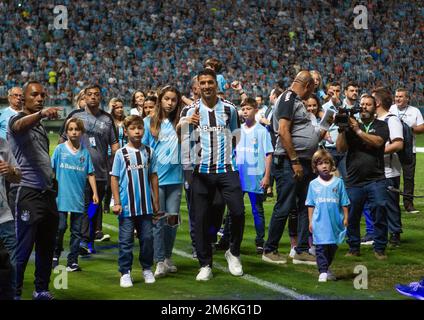 Porto Alegre, Brasilien. Januar 4. 2023, Arena Gr&#xea;mio, Porto Alegre, Rio Grande do Sul, Brasilien: Luis Su&#xe1;rez wird als neueste Signatur für Gremio in der Campeonato Brasileiro S&#xe9;rie A Credit: Action Plus Sports Images/Alamy Live News präsentiert Stockfoto