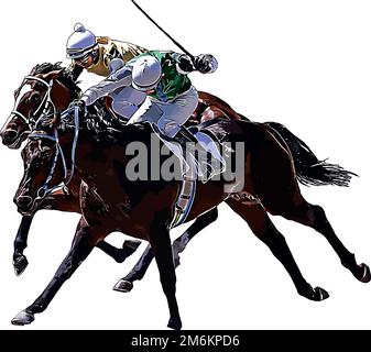 Rennpferd mit Jockey bei Rennen. Isoliert auf weißem Hintergrund Stockfoto