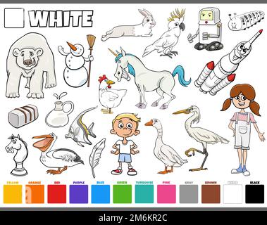 Set mit Zeichentrickfiguren und Objekten in Weiß Stockfoto
